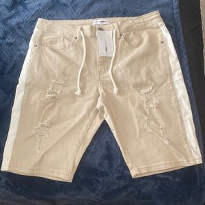 Mens Fashionova short. Khaki combo denim with white stripe down sides. 34 waste